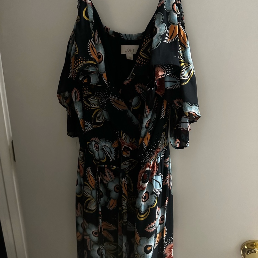 LOFT Blue Dress with Colorful Floral Design
